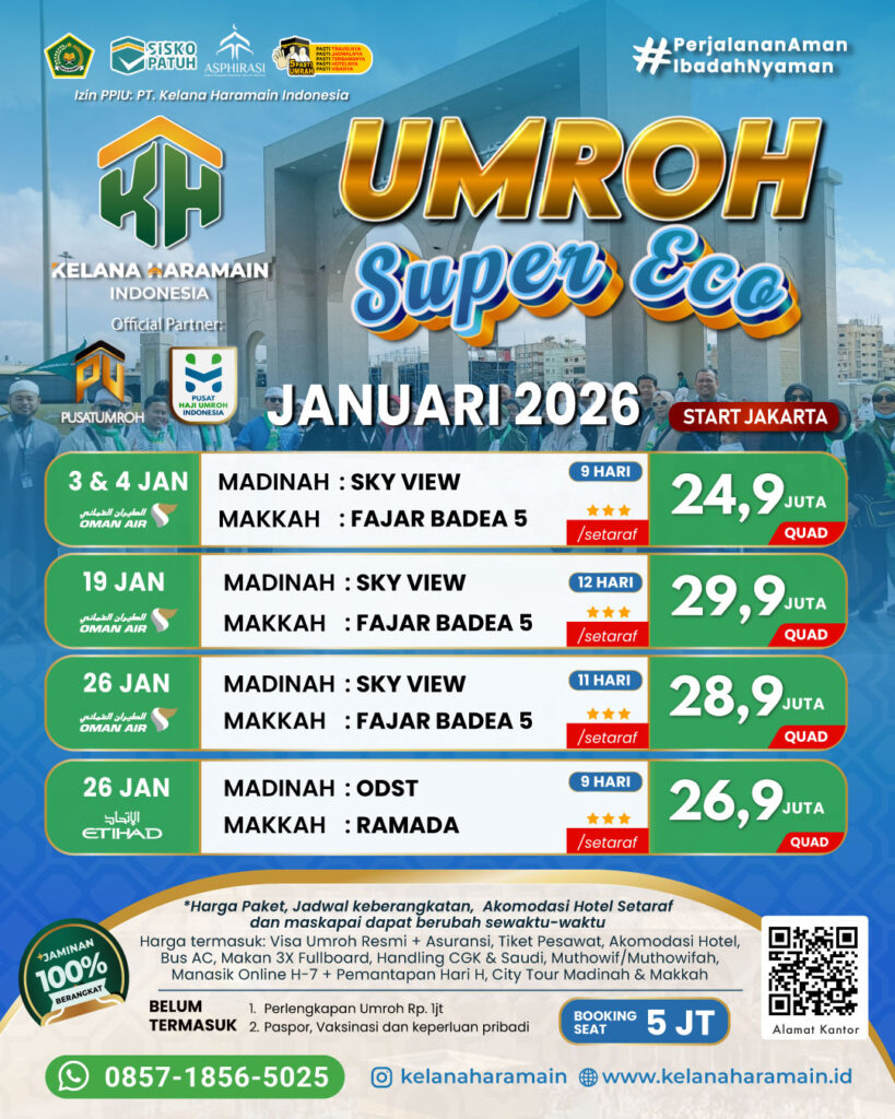 Paket Biaya Umroh Super Eco 3, 4, 19, 26 Januari 2026