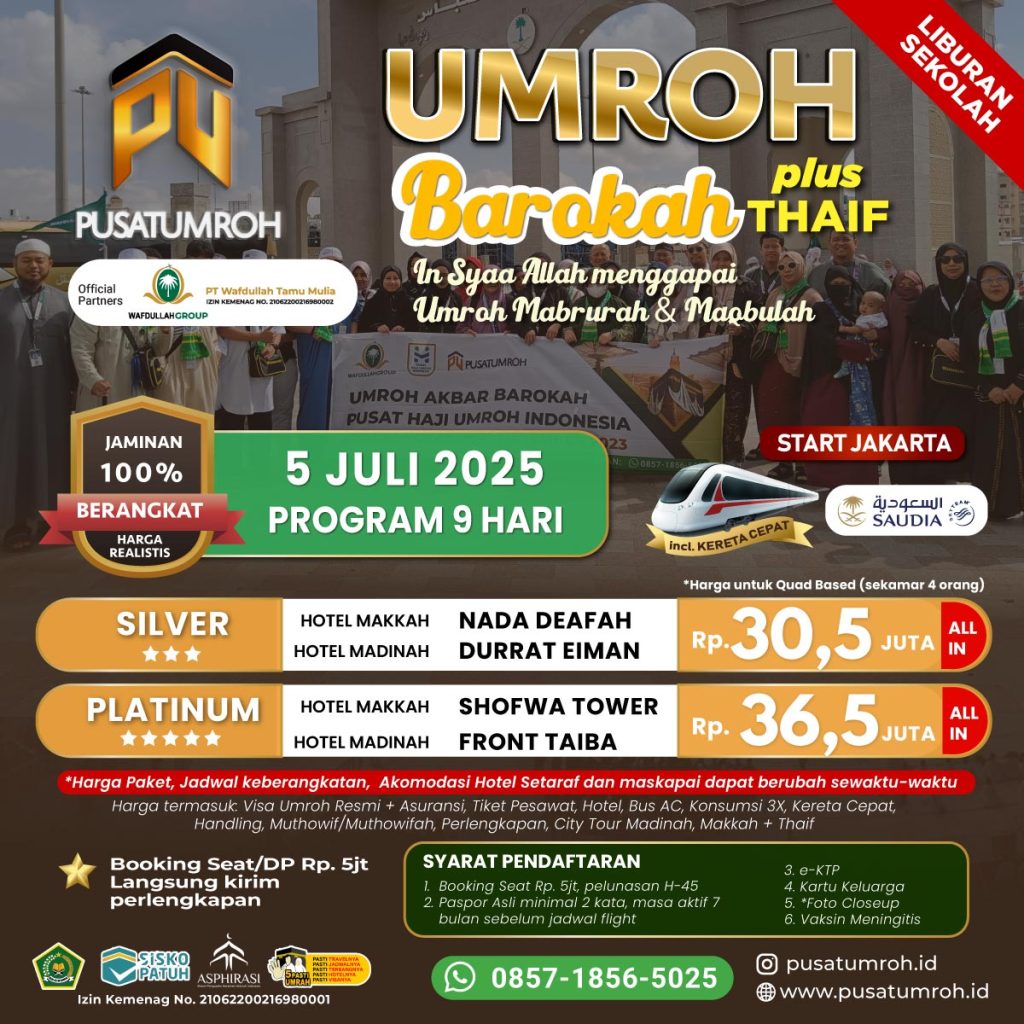 Paket Umroh 5 Juli 2025, 9 Hari, Saudi Airlines, 30,5 juta