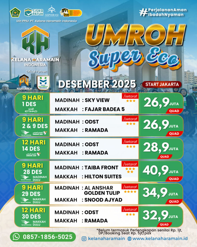 Umroh Desember 2026 Super Eco, Jadwal Awal sd Akhir