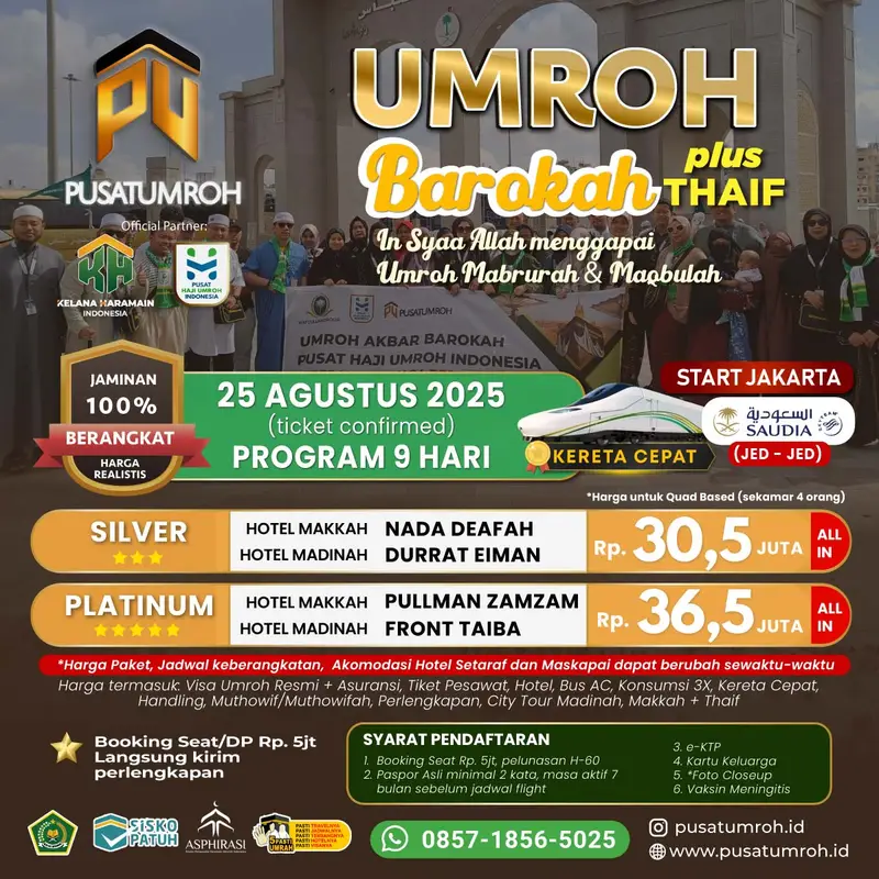 Paket Umroh 25 Agustus 2025 9 Hari Kereta Cepat